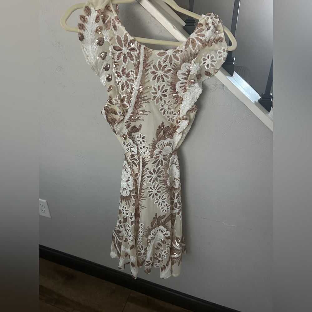 Hello Molly Floral Sequin Mini Dress - Cream and Brown